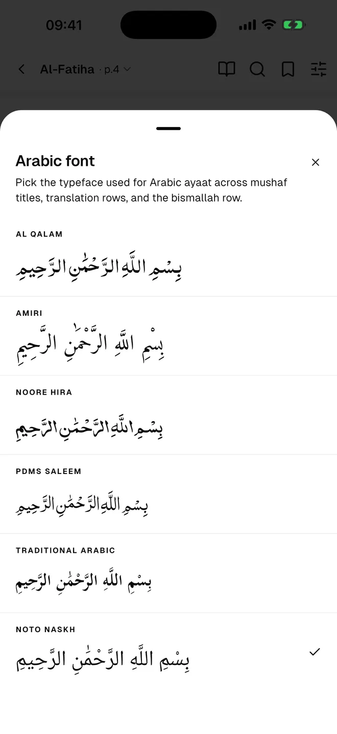 The Arabic font picker showing six typefaces